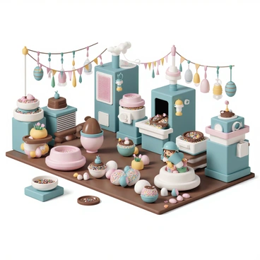 A large, bustling chocolate factory filled with various machines and equipment. On the factory floor, colorful "Easter eggs" of different sizes and patterns are being produced. "Busy little creatures," resembling small elves, are engaged in various tasks. One creature, wearing a green apron, is carefully decorating a chocolate egg with bright icing. Another creature, wearing a blue cap, is filling molds with rich chocolate. The factory is filled with the sweet aroma of chocolate, and there are large vats of melted chocolate, stacks of sprinkles, and vibrant decorations surrounding them. "Easter decorations" like pastel ribbons and flowers are hanging from the ceilings, adding to the festive atmosphere.