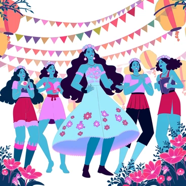 Priscilla is a young woman with long, wavy hair adorned with bright flower crowns, wearing a flowing dress embellished with floral patterns. She is joyfully interacting with cheerful villagers, who are all dressed in colorful summer attire. The scene is filled with vibrant flowers in various shades surrounding them, creating a lively atmosphere. Villagers are engaged in traditional festival activities, such as dancing, playing musical instruments, and sharing food. Brightly colored banners and lanterns hang above, adding to the festive environment. A warm, golden sunlight bathes the scene, enhancing the cheerful mood of the midsummer festival.