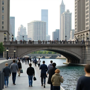 A view of the historic Michigan Avenue Bridge that spans the Chicago River. The bridge is adorned with stone arches and decorative lamps. Numerous pedestrians are crossing the bridge, some stopping to admire the architecture and the surrounding cityscape. People of various ages and ethnicities are present, with some carrying bags and others taking photos. The river below reflects the nearby skyscrapers, creating a dynamic urban atmosphere.