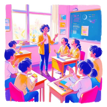 A passionate teacher stands at the front of a classroom, animatedly explaining a concept. The teacher has short curly hair and wears glasses, dressed in a smart-looking shirt and trousers. The classroom is filled with colorful educational posters on the walls. A group of engaged students, a mix of boys and girls, sits at their desks, leaning forward attentively. Some students are raising their hands, eager to participate. Sunlight streams in through a window, casting a warm glow over the scene. There are books and notebooks spread out on the desks, along with pencils and colorful markers.