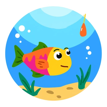A curious fish with vibrant scales is swimming underwater, gazing up at a shiny bait dangling from above. The fish has large, expressive eyes that display its curiosity. The water is a deep blue with small bubbles rising around the fish. Sunlight filters through the surface, creating shimmering patterns on the sandy ocean floor. The shiny bait glimmers enticingly, suspended just out of reach, surrounded by small, swaying plants.