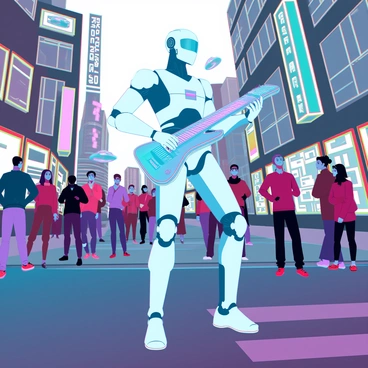 An android with a sleek, metallic body, featuring intricate circuitry and glowing LED elements, is standing on a busy city street corner. It has articulated limbs that allow for a fluid range of motion as it plays a set of futuristic instruments, including a hovering, holographic keyboard and a translucent guitar with illuminated strings. Surrounding the android are vibrant neon signs and a bustling crowd of diverse pedestrians, some stopping to watch the performance while others continue on their way. The sky is filled with flying vehicles, adding to the dynamic atmosphere of the urban scene. The android's illuminated visor reflects the colorful lights of the city, creating a captivating visual experience.
