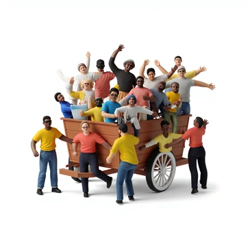 A crowd of diverse people, including individuals of various ages and ethnicities, are energetically jumping onto a large, colorful bandwagon. The bandwagon is overflowing with trendy items such as vibrant clothing, stylish accessories, and modern gadgets. The people are dressed in casual, fashionable outfits, with some wearing hats and sunglasses. The scene conveys a sense of excitement and enthusiasm, as the crowd eagerly interacts with the colorful assortment of items on the bandwagon.