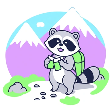 A cartoon raccoon is standing on a rocky mountain trail. The raccoon has large expressive eyes and a mischievous grin. It is wearing a small backpack, which is green with purple straps, and it holds a pair of binoculars in its paws. The raccoon's bushy tail curls playfully behind it. Surrounding the raccoon, there are steep mountain slopes and a clear blue sky above. In the distance, other mountain peaks are visible, creating a sense of adventure and exploration. Small patches of grass and a few scattered rocks decorate the trail.
