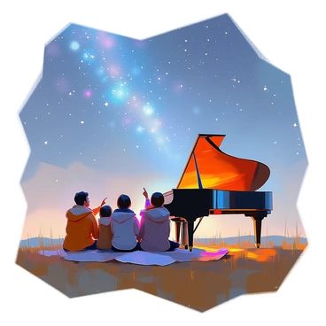 A grand piano is placed in an open field, illuminated softly under a vast, starry sky filled with countless twinkling stars. The piano is polished and black, with its lid open, revealing the keys. Nearby, a group of four people sits on a blanket, gazing up at the stars. They are bundled in cozy jackets, blending into the serene night atmosphere. One person points at a constellation, while another leans back with a relaxed expression. The gentle glimmer of the stars reflects on the surface of the piano, creating a harmonious scene that captures the magic of the night.