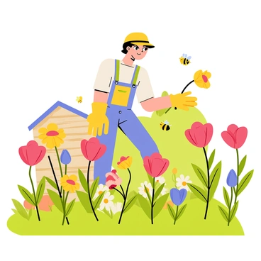 A 3D human figure positioned in a vibrant garden, actively tending to the plants. The figure has an engaging expression and is wearing gardening gloves and a sun hat. Surrounding the figure are a variety of blooming flowers in bright colors, including red roses, yellow daisies, and blue tulips. Several buzzing bees hover around the flowers, adding a sense of liveliness to the scene. The garden is lush and green, with a wooden tool shed in the background, completing the idyllic garden setting.
