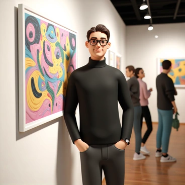 A male illustrator, wearing a black turtleneck and dark jeans, stands proudly next to his artwork at an art gallery opening. The illustrator has short brown hair and glasses, with a slight smile on his face. The artwork showcased behind him is a vibrant abstract painting filled with bold colors and intricate patterns. The gallery walls are sleek and white, enhancing the vividness of the artwork. There are a few visitors in the background, admiring the pieces on display, while warm, ambient lighting highlights the creative atmosphere of the event.