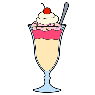 A tall glass filled with a delightful sundae. The sundae is layered with creamy vanilla ice cream, topped generously with a vibrant pink rhubarb compote. A fluffy swirl of white whipped cream sits atop the compote, crowned with a bright red cherry. The glass has a classic flared shape, and colorful sprinkles are scattered around the sundae, adding a fun touch. A silver spoon is placed upright in the glass, ready to dig into the delicious treat.