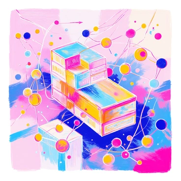 A blockchain network is depicted with multiple interconnected nodes represented as small circles. Each node is connected by lines to form a web-like structure. Blocks are illustrated as rectangular shapes, stacked in a linear sequence, each labeled with unique identifiers. The nodes and blocks are depicted in vibrant colors, showcasing various hues to enhance visual contrast. Arrows indicate the flow of information between nodes, highlighting the dynamic interactions within the network.