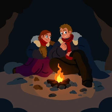 Jon Snow and Ygritte are sitting close together on a rocky surface inside a dimly lit cave. The cave walls are rough and textured, with shadows casting across the surface. A small fire burns brightly in front of them, illuminating their faces with a warm orange glow. Jon is wearing a dark cloak with a fur trim, and Ygritte has a red knit scarf wrapped around her neck. Their expressions are warm and intimate as they share a moment, with a few scattered stones and pieces of wood around the fire. The atmosphere is cozy and secluded.