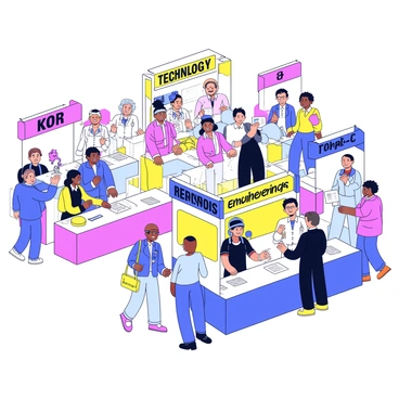 A job fair scene featuring multiple booths arranged in a symmetrical layout. Each booth represents different professions, such as technology, healthcare, education, and engineering. The booths are manned by individuals of diverse genders, including women, men, and non-binary people, all engaged with attendees. Banners above each booth display the names of the professions in bold letters. The background shows a crowd of people interacting, exchanging resumes, and engaging in conversations, emphasizing a welcoming atmosphere for all. Bright colors are used for the booths, creating an inviting and lively environment.