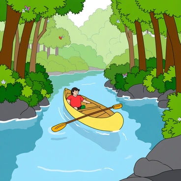 A bright yellow canoe is gliding through a winding river surrounded by lush, dense rainforest. The canoe has two paddles resting inside, and a single person is sitting in the middle, gently moving one paddle through the water. Tall trees with vibrant green leaves tower on either side of the river, creating a canopy overhead. Colorful birds can be seen perched on the branches, and a few butterflies flutter above the water's surface. The river is clear and reflects the green foliage, while patches of sunlight break through the leaves, casting playful shadows on the water.