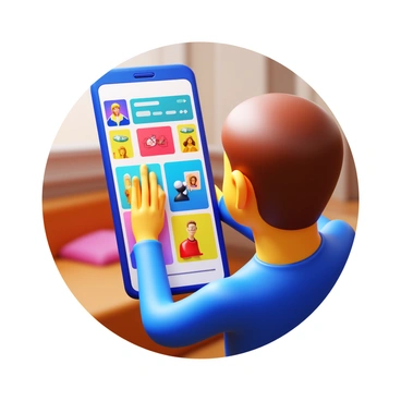 A person holding a smartphone, intently scrolling through a vibrant social media feed. The screen displays a variety of colorful photos and videos with eye-catching thumbnails. The person's face shows concentration as they engage with the content. The background includes subtle hints of a cozy indoor environment, with soft lighting enhancing the scene.