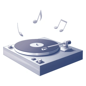 A vintage turntable with a wooden finish, its tonearm gently placed on a spinning vinyl record. The turntable features a circular platter and visible knobs for volume and speed adjustments. Musical notes are illustrated as they float around the turntable, varying in size and positioned in a whimsical pattern, creating a dynamic sense of movement. The scene captures the nostalgic essence of classic music playback equipment.
