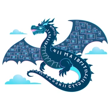 A dragon composed of numerous black and white keyboard keys, each key detailed with letters and symbols. Its wings span wide, constructed from rows of keys that shimmer in the sunlight. The dragon's body has a serpentine shape, with keys forming intricate patterns along its sides. It soars high in a clear blue sky, with wispy clouds trailing behind. The dragon’s eyes are represented by glowing enter keys, giving it a fierce yet unique appearance.