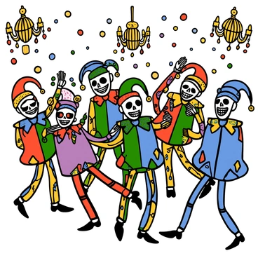 A group of skeletons wearing colorful harlequin costumes is dancing joyfully at a grand masked ball. Each skeleton is adorned with a unique harlequin pattern featuring diamond shapes in vibrant colors like red, green, blue, and yellow. They all wear elaborate masks that conceal their features, with feathers and sequins adding to their festive appearance. The skeletons are in various dynamic poses, twirling and laughing, with some holding hands while others are caught mid-step on the dance floor. The background shows a lavish ballroom with sparkling chandeliers illuminating the scene, enhancing the lively atmosphere of the dance party.