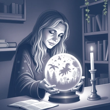 A medieval witch is depicted peering intently into a large crystal ball. The witch has long, flowing hair and wears a dark, tattered robe adorned with various mystical symbols. Her wrinkled hands gently cradle the crystal ball, which emits a soft glow, illuminating her face. Within the crystal ball, swirling patterns and images indicate scenes of adventure, such as knights battling, dragons soaring, and enchanted forests. The setting is a dimly lit room, filled with shelves of ancient books, herbs hanging from the ceiling, and a flickering candle casting shadows.