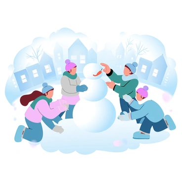 A group of children is building a snowman in the center of a snowy village square. The children are bundled up in colorful winter clothing, including bright hats, scarves, and mittens. One child is rolling a large snowball on the ground, while another is stacking smaller snowballs on top of it to form the snowman's body. Nearby, a child is placing a carrot as the snowman's nose, and another is adding stones for buttons. Around them, the village square is filled with snow-covered houses and a few leafless trees, creating a winter wonderland atmosphere.