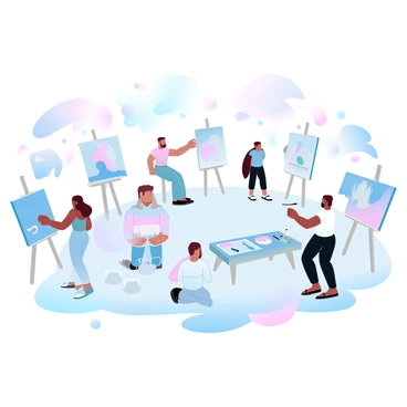 A spacious art workshop filled with various participants engaged in creative activities. Several tables are arranged, each featuring different sizes of blank canvases and boards. Some participants are standing while painting on large boards, using vibrant colors that create splashes of paint around them. Others are seated at smaller tables, focused on intricate details on smaller canvases. Art supplies, including brushes, paint tubes, and palettes, are scattered around, showcasing the lively atmosphere of experimentation and artistic exploration. Various artworks in progress can be seen displayed on easels in the background.