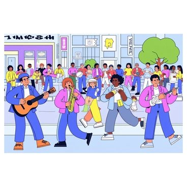 A group of street musicians is performing energetically on a busy sidewalk. There are three musicians: one playing an acoustic guitar, another playing a saxophone, and a percussionist with a small drum set. They are surrounded by a diverse crowd of passersby, some dancing and others listening intently. Colorful advertisements and shop signs can be seen in the background, adding to the lively atmosphere of the urban setting. A few trees line the street, providing patches of green amidst the concrete.