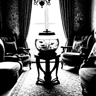 A Victorian-era living room is filled with rich, wooden furniture and plush, patterned upholstery. In the center of the room, there is an ornate fishbowl on a decorative stand. The fishbowl is made of glass and showcases a variety of exotic fish swimming gracefully inside. The room is adorned with intricate wallpaper and heavy curtains that frame a large window, allowing natural light to illuminate the scene. A patterned rug covers the floor, and a chandelier hangs from the ceiling, adding an elegant touch to the space.