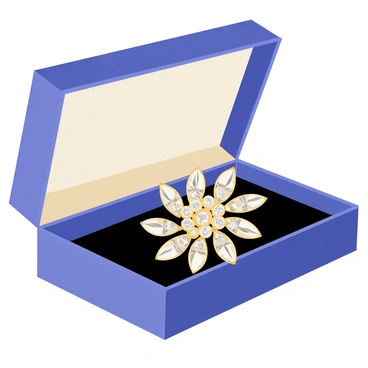 A vintage brooch with intricate diamond settings in a velvet display box