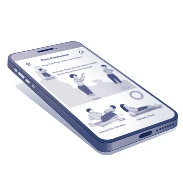 A smartphone resting on a flat surface, featuring a fitness app interface dedicated to pelvic floor routines. The screen displays animated guides demonstrating various exercises targeting pelvic floor strength. The background includes subtle outlines of exercise equipment, while the smartphone has a sleek design with a modern aesthetic. The app's layout is structured, showcasing clear icons and instructions alongside the animated figures.