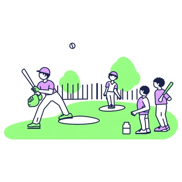 A group of children is practicing baseball on a small neighborhood field. There are four kids: one is pitching the ball, another is standing ready to bat, and two are in the outfield waiting to catch the ball. The pitcher is wearing a cap and a jersey, while the batter has a bat resting on his shoulder. The field is bordered by a white fence, and there are a few trees in the background. A baseball glove lies on the grass nearby, and a water bottle is placed on the ground next to the pitcher's mound.