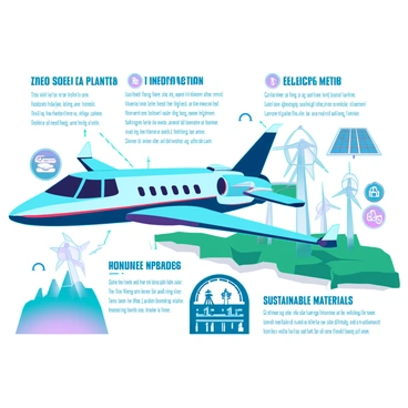 An infographic illustration showcasing "the eco-friendly aspects of electric planes". The image features a sleek, modern electric plane flying above green landscapes. It includes visual elements such as wind turbines and solar panels in the background to emphasize renewable energy. Various icons are scattered throughout, illustrating concepts like "zero emissions", "reduced noise pollution", and "sustainable materials". The infographic has sections highlighted with clear headings and concise text explaining each eco-friendly aspect. Additionally, arrows and infographics connect the icons to the central image of the electric plane, visually guiding the viewer through the information.