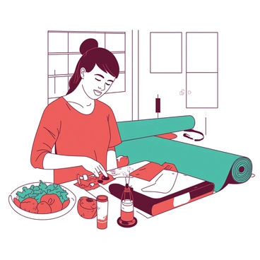 A person is seen preparing a healthy meal in a bright kitchen. They are slicing colorful vegetables, including red bell peppers and green leafy greens, on a cutting board. Next to them, there is a white bowl filled with a hearty salad. In the background, a teal yoga mat is rolled out, indicating a space dedicated to exercise. A water bottle is placed nearby, emphasizing hydration's importance. The individual displays a focused expression, showcasing their dedication to maintaining a balanced lifestyle while managing heart health.