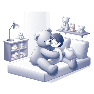 A child named Lou is snuggling closely with a giant teddy bear. Lou is sitting on a bed covered with a fluffy blanket. The bedroom is filled with various soft toys, including smaller stuffed animals scattered across the floor and on shelves. There are pastel-colored cushions placed around the room, adding to the cozy atmosphere. A gentle lamp is illuminating the space, creating a warm and inviting environment.