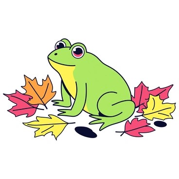 A green tree frog sitting on the forest floor. The frog has large, bulging eyes and smooth skin, showcasing a bright shade of green. It is surrounded by an array of colorful autumn leaves in shades of red, orange, and yellow. The leaves are scattered across the ground, adding a vibrant contrast to the frog's green color. The forest floor is slightly damp, with occasional patches of dark soil visible between the leaves.