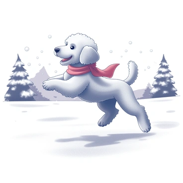 A goldendoodle is playing joyfully in a snowy landscape. The dog is mid-leap, its fur fluffy and thick, bouncing with energy. Around its neck is a "red scarf" that flutters in the air as it moves. Snowflakes are falling gently, and the ground is covered in a thick layer of white snow, creating a soft texture under the dog's paws. In the background, there are trees dusted with snow, adding to the wintery scene.