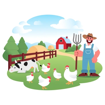 A sunny farm landscape is filled with a variety of animals. Several cows are grazing on green grass, some lying down while others are standing. A group of chickens is pecking at the ground near a wooden fence. In the foreground, a friendly farmer is wearing overalls and a straw hat, holding a pitchfork. Behind the farmer, a red barn is visible with a large haystack nearby. A few trees are scattered in the background, providing shade to the scene. A clear blue sky with soft white clouds enhances the cheerful atmosphere of the farm.
