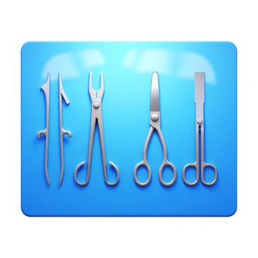 An array of surgical tools laid out on a sterile blue surgical drape. The tools include a pair of forceps, a scalpel, a suction device, a nasal speculum, and a pair of scissors. Each tool is designed with precision, featuring shiny stainless steel surfaces and distinct shapes. The setting includes a faint reflection of overhead surgical lights, casting soft glows on the tools.