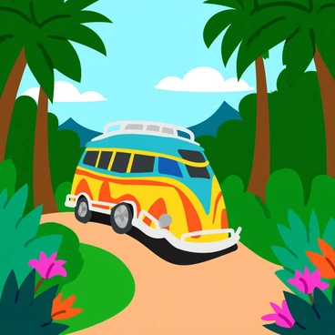 A colorful VW van is driving along a narrow dirt path in a lush, green tropical jungle. The van features bright patterns on its exterior, with vibrant colors like yellow, blue, and red. Tall, leafy trees surround the path, their large leaves casting dappled sunlight onto the ground. Various tropical plants and flowers, featuring shades of pink, orange, and purple, dot the landscape. In the background, a hint of distant mountains can be seen through the dense foliage. The scene conveys a sense of adventure and exploration.