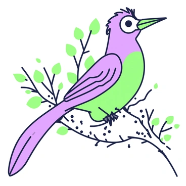 An exotic bird is perched on a branch amidst delicate leaves. The bird has a long, elegant tail that flows gracefully behind it. Its feathers are intricately detailed, showcasing a variety of patterns, with distinct lines and shapes across its wings and body. The bird's beak is slender and slightly curved, contrasting with its large, expressive eyes that reflect curiosity. The branch it sits on is textured with bark and small knots, adding to the overall intricacy of the scene.