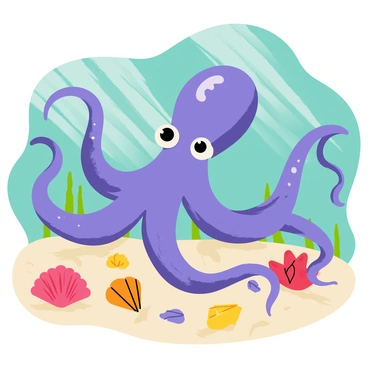A curious octopus with vibrant purple and blue skin is exploring the ocean floor. It has eight long, flexible tentacles, each adorned with small suckers. Surrounding the octopus are colorful seashells in various shapes and sizes, including bright red, yellow, and orange shells. Sunlight filters down from the surface, creating playful patterns of light on the sandy ocean bottom. The ocean background is a gradient of deep blue and turquoise, enhancing the lively scene.