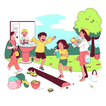 A group of children is outdoors playing a game of tag in a sunny park. One child is jumping over a small log, laughing with joy, while another child is drinking from a teal water bottle after a run. Nearby, a child is sharing a colorful fruit snack with friends, showing slices of orange and apple. In the background, a parent is demonstrating handwashing at a nearby sink station, emphasizing hygiene. The children are dressed in bright colors, enjoying fresh air and sunshine, embodying an active and healthy lifestyle.