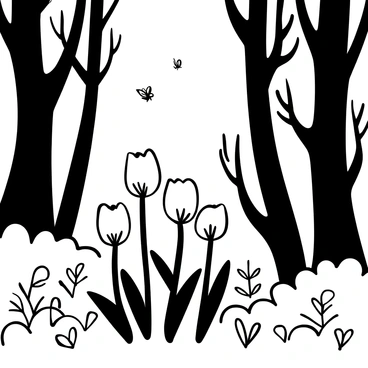 "Rare tulips" standing tall with unique shapes and patterns, growing along the edge of a "dense, mystical forest" filled with tall, thick trees and intertwining branches. The ground is covered with soft foliage and scattered leaves. "Misty tendrils" rise from the forest floor, partially obscuring the base of the trees, creating an enchanting atmosphere. The tulips are arranged in a slight curve, leading the viewer's eye deeper into the forest. A few delicate butterflies can be seen fluttering around the flowers, adding a sense of life to the scene.