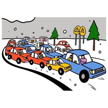 A snowy road filled with many cars slowly creeping along in heavy traffic. The vehicles include red sedans, blue SUVs, and a yellow taxi struggling to move. Snowflakes are falling gently, covering the ground and the cars. Some drivers look anxious as they grip their steering wheels tightly, while others are checking their phones. In the background, there are trees dusted with snow and a few road signs warning of slippery conditions. A light grey sky looms overhead, contributing to the chilly winter atmosphere.