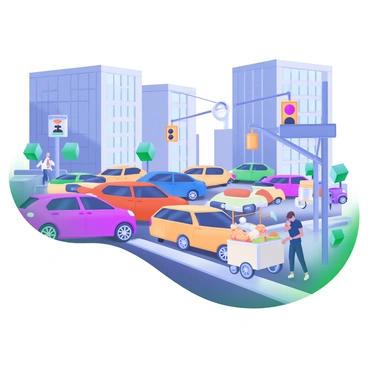 A busy city street scene featuring numerous cars in a deadlock during rush hour. Each car is a different color, including red, blue, and yellow, and they are tightly packed together. Pedestrians are seen on the sidewalks, looking frustrated as they wait to cross the street. Tall buildings line the street, some with large windows reflecting the afternoon sun. A traffic light hangs overhead, showing red. Nearby, a street vendor stands beside a cart, serving snacks to impatient customers. The atmosphere conveys the hustle and bustle of urban life.