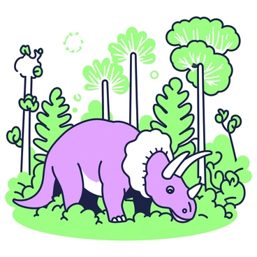 A triceratops is grazing in a prehistoric forest. The creature has three distinct facial horns and a large bony frill around its neck. Surrounding the triceratops are tall ferns with broad, green leaves and cycads with thick, cylindrical trunks and crown-like arrangements of fronds. The ground is covered in dense vegetation, adding to the lush environment. Sunlight filters through the canopy of ancient trees, casting dappled shadows on the forest floor.