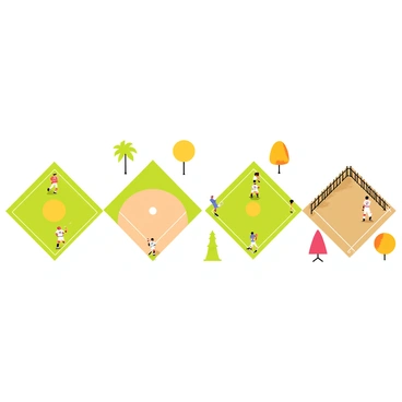 A scene featuring four different types of baseball diamonds laid out side by side. The first diamond is a traditional grass field with white chalk lines and a vibrant green infield. The second diamond showcases a sandy infield with bright yellow bases and a backdrop of palm trees, representing a beach baseball theme. The third diamond features a futuristic design with a metallic surface and glowing neon bases. The fourth diamond has a rustic appearance with a dirt infield and wooden fences, surrounded by colorful autumn trees. Each diamond includes players in varying uniforms engaged in different stages of the game, enhancing the lively atmosphere.