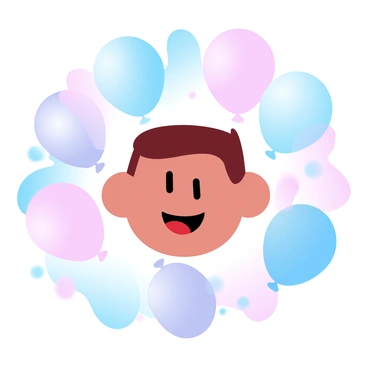 A cheerful flat-faced character is surrounded by a multitude of colorful balloons. The character has a simplistic design, with a flat appearance, large round shapes, and an expressive demeanor. The balloons come in various sizes and vibrant colors, creating a lively atmosphere. Some balloons are clustered together while others float freely upwards. The background is filled with a soft blend of pastel colors, enhancing the joyful scene.