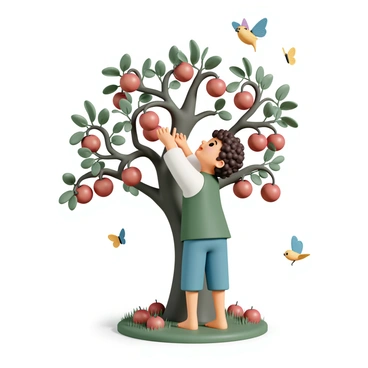 A hobbit, with curly brown hair and wearing a green waistcoat over a white shirt, is reaching up to pick ripe red apples from a gnarled tree in an orchard. The tree has abundant branches filled with shiny apples, and the leaves are a vibrant green. Small birds with colorful feathers are perched on nearby branches, while bright butterflies flutter around, adding pops of color throughout the scene. The ground is carpeted with fallen apples and soft grass, creating a lively and cheerful atmosphere.