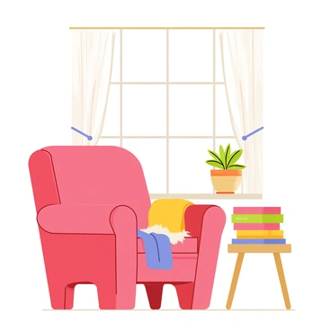 A cozy reading nook featuring a large, plush armchair in a rich, warm color. Soft, fluffy blankets are draped over the chair, inviting comfort. A stack of colorful books sits on a small wooden side table next to the chair. The nook is illuminated by natural light streaming through a large window, which is adorned with sheer curtains. A small potted plant is placed on the windowsill, adding a touch of greenery to the scene.