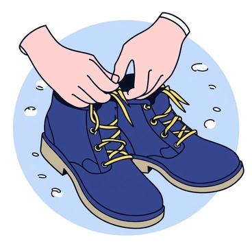 A close-up view of a hand tying the laces on a pair of rugged motorcycle boots. The boots are made of dark leather with textured surfaces and reinforced toe caps. The laces are thick and coarse, being tightly pulled and knotted. The background features a hint of gravel, suggesting a rugged outdoor environment. The hand is strong and weathered, showcasing calluses and dirt, highlighting the connection to an active, adventurous lifestyle.