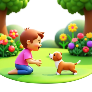 A child kneeling on soft green grass, facing a curious puppy with floppy ears and a wagging tail. The garden is filled with vibrant flowers in various colors, including reds, yellows, and purples, creating a lively atmosphere. Sunlight filters through the leaves of nearby trees, casting gentle shadows on the ground. The child's expression is one of joy and wonder as they engage with the puppy, who is playfully tilting its head to the side.