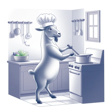 A goat standing on its hind legs in a small countryside kitchen. The goat is wearing a large chef's hat, which sits jauntily atop its head. It is stirring a pot on a rustic stove, with a wooden spoon held in its hoof. The kitchen is filled with various utensils hanging on the walls and a basket of fresh vegetables on the counter. Sunlight streams through a small window, casting shadows on the wooden floor.
